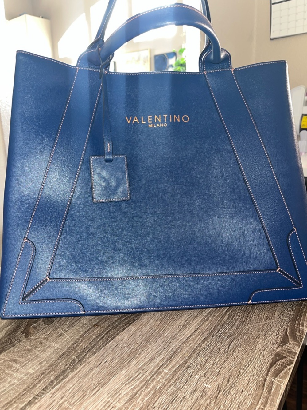 Valentino Blue Leather Tote with Gold Logo